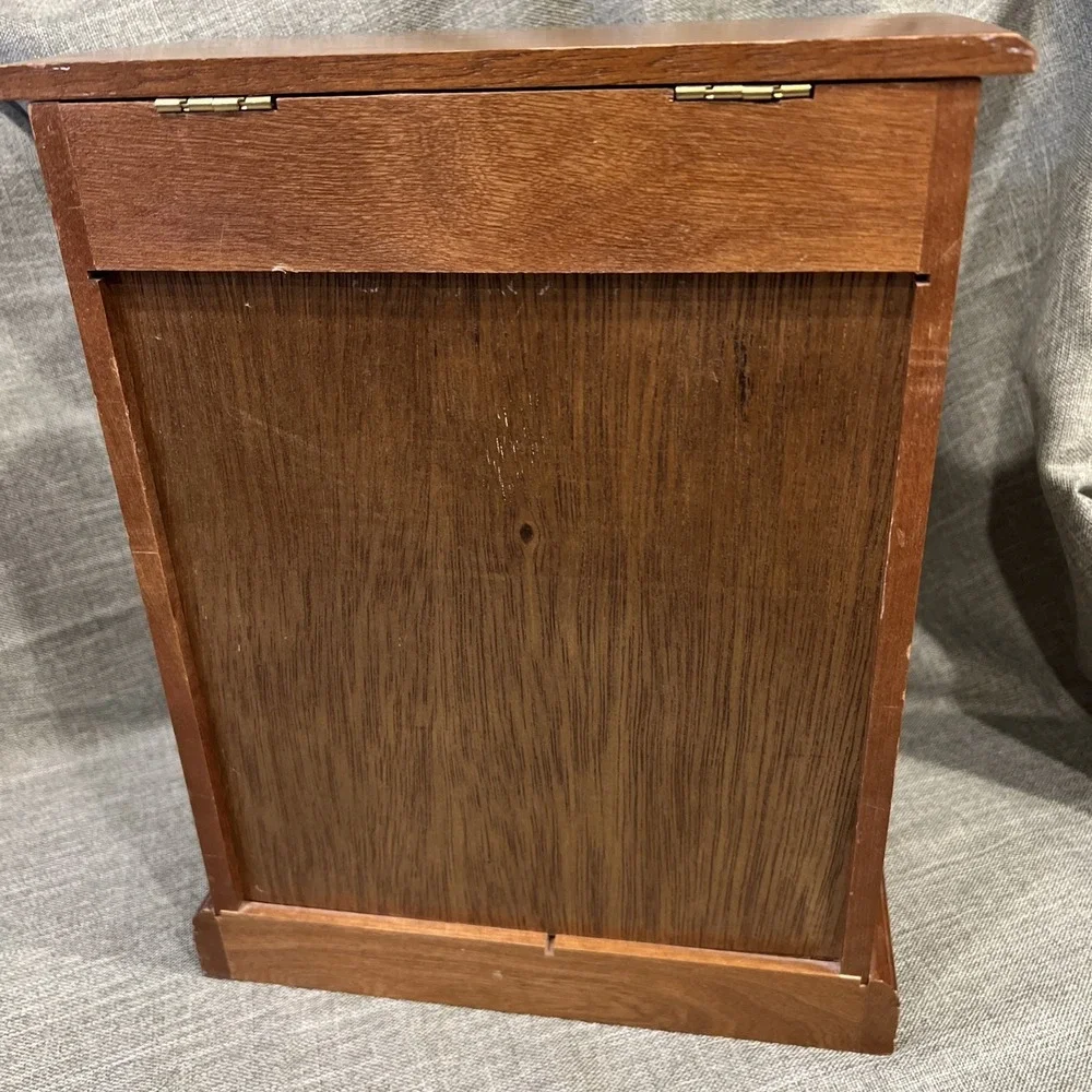 Vtg 1987 Wooden Jewelry Box Cabinet‎ 4 Drawers Etched Glass  Lift Top Organizer